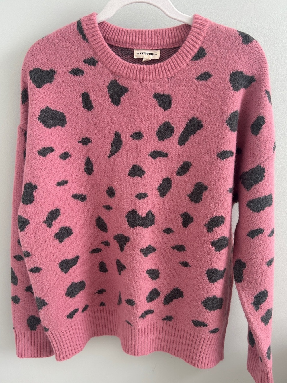 eesome Pink Crewneck Sweater with Charcoal Spot Pattern